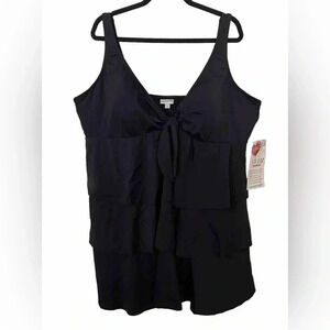 Avenue sz 28 Tiered Black Swim Dress Plus Size One Piece Swimsuit Bow 4th July